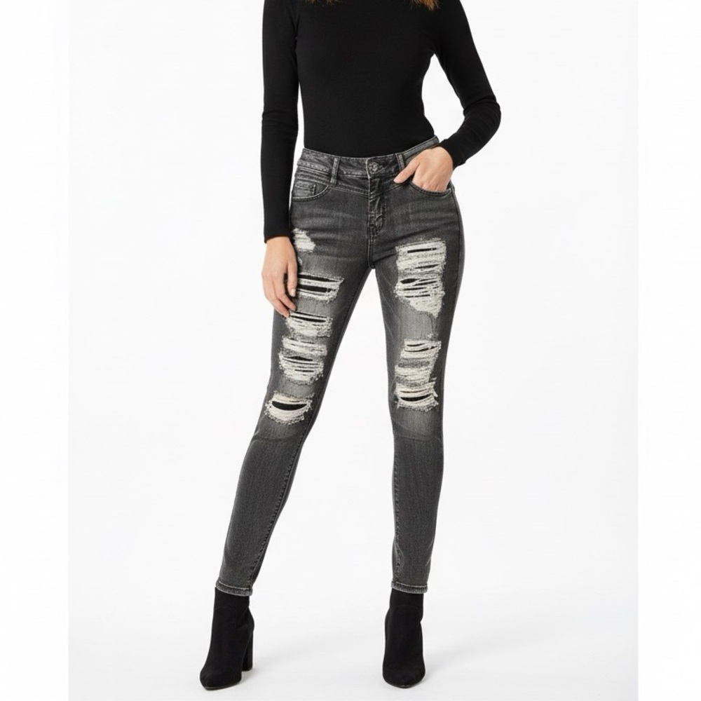 Y2K Bebe Kez Smokey Wash Gray Distressed Ripped Cut Out Jeans Grunge Punk 27